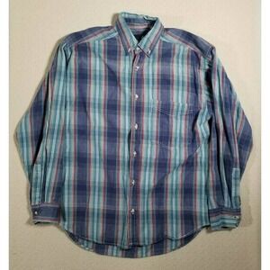 Double Impact Shirt Mens Medium M Long Sleeve Plaid‎ Dress Cotton Blue Regular